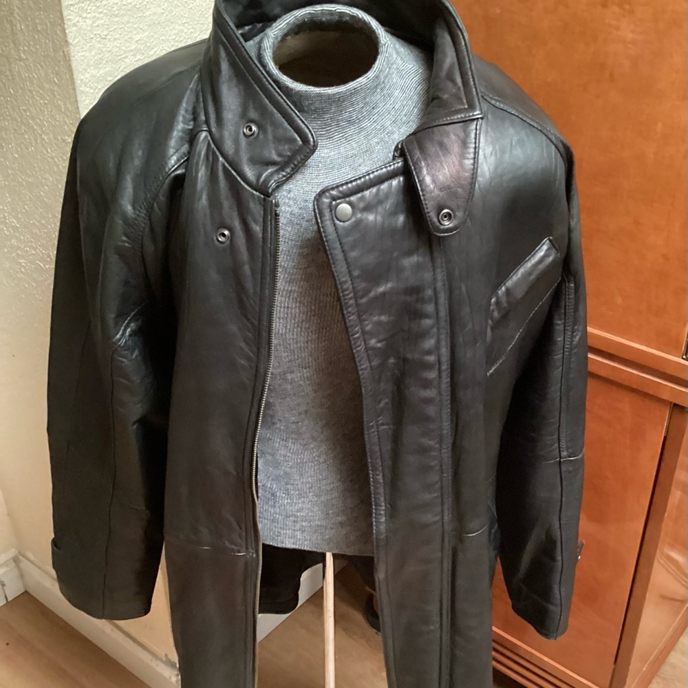 Vintage Pelle Studio, black high collar leather jacket, size 1X